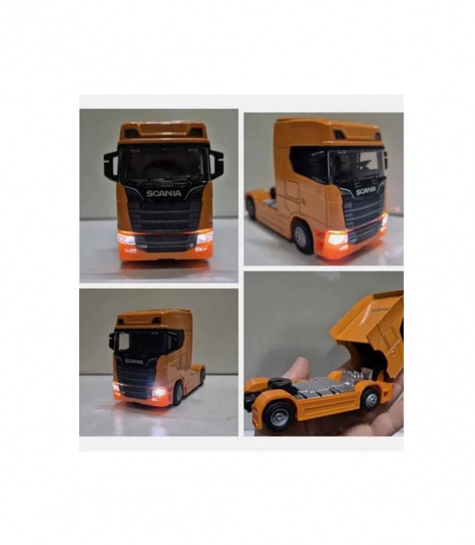 Camion metalic, tip Scania T770S, scara 1:32, cabina rebatabila, lumini si sunete, portocaliu, 13 cm