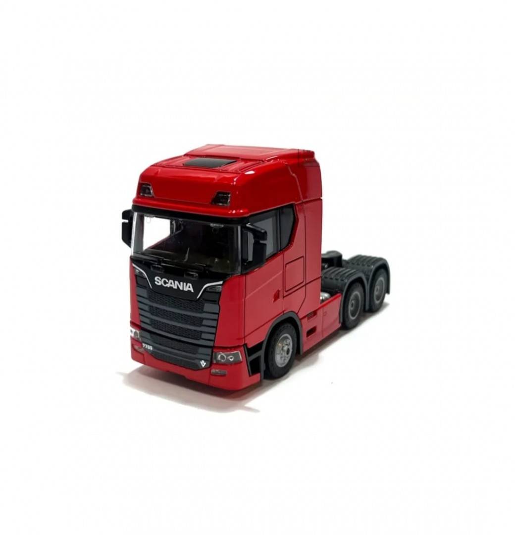 Camion metalic, tip Scania T770S, scara 1:32, cabina rebatabila, lumini si sunete, rosu, 13 cm