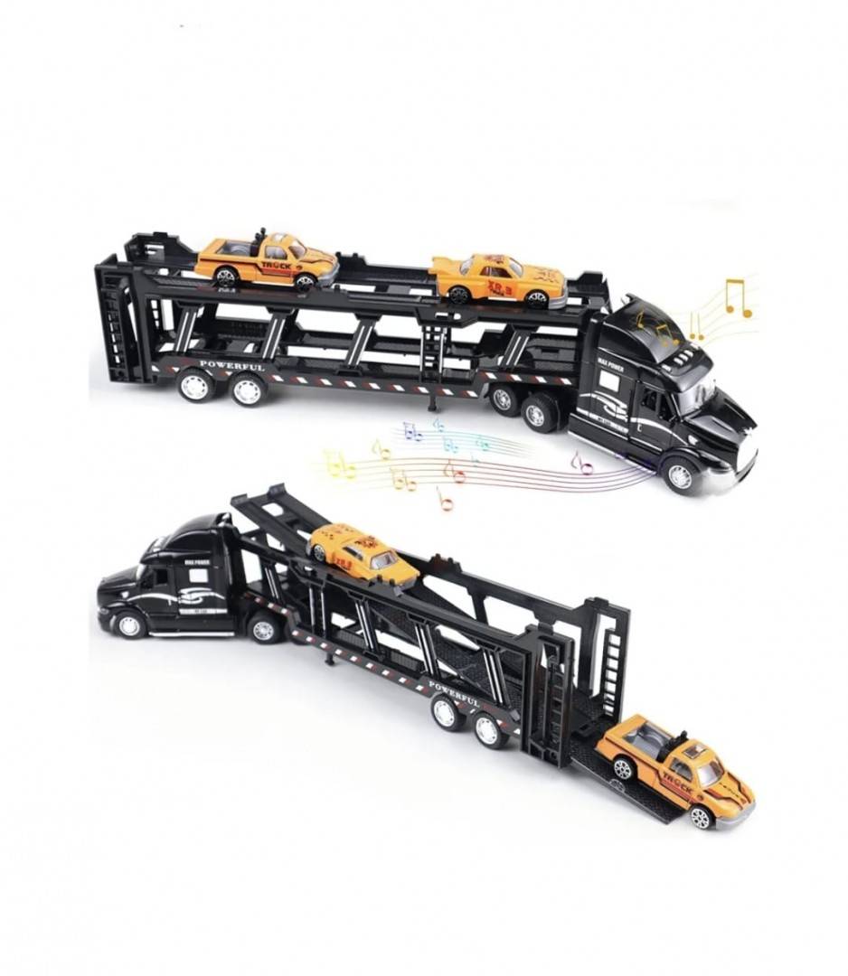 Camion transportator cu 2 masinute, metal/plastic, negru/multicolor, 34 cm