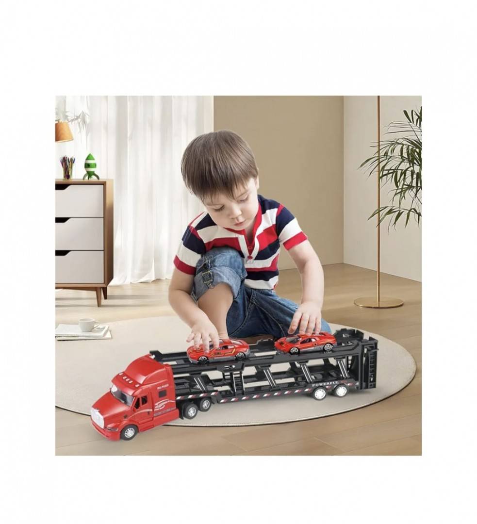 Camion transportator cu 2 masinute, metal/plastic, rosu/multicolor, 34 cm
