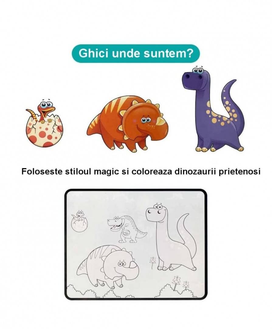 Carte de colorat cu apa, Dino, stilou magic, multicolor, 20 cm