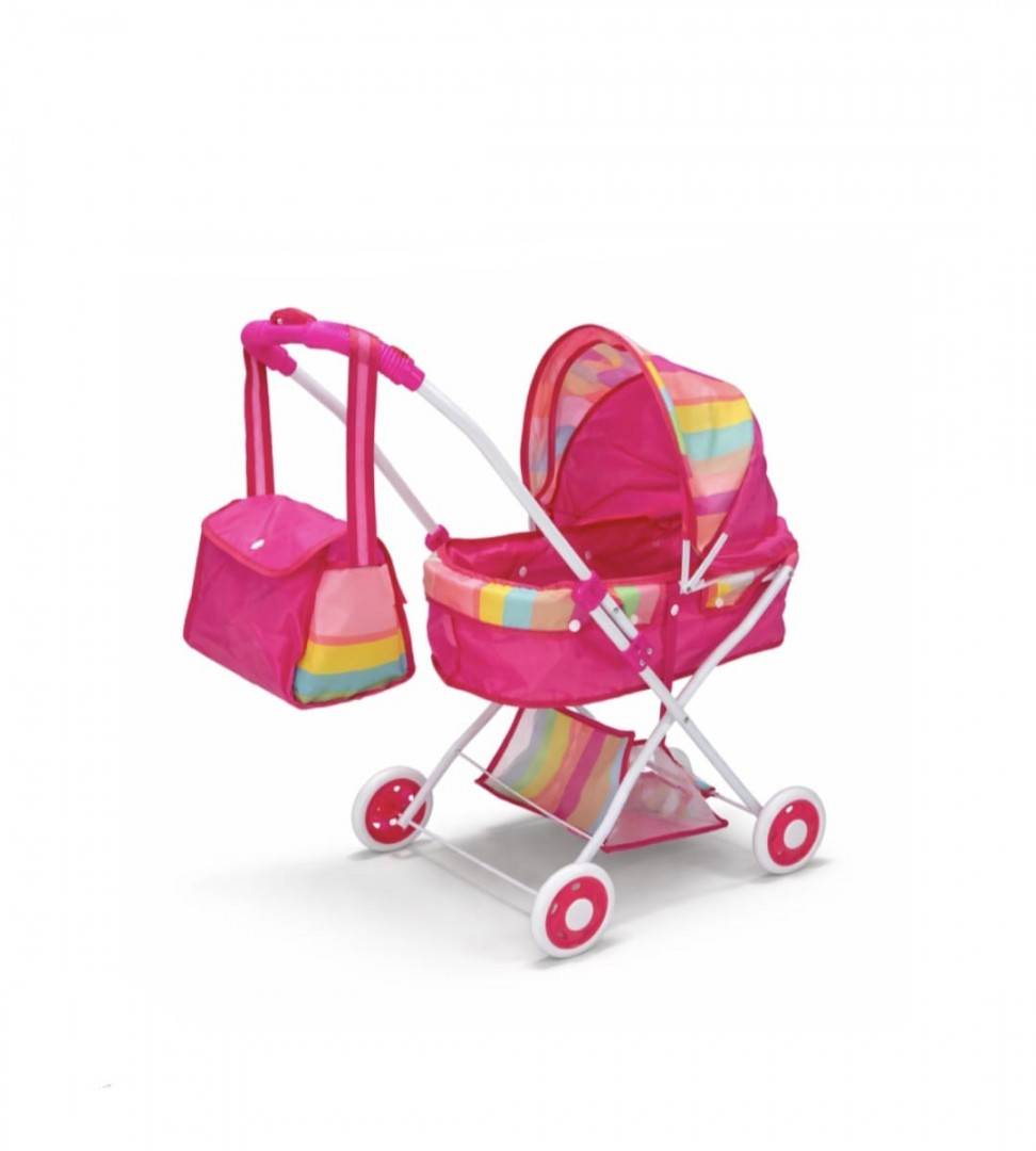 Carucior pentru papusi cu landou si geanta, cadru metalic, cos depozitare, multicolor