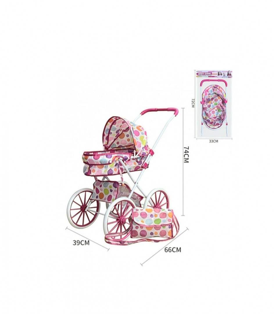 Carucior pentru papusi cu landou si geanta, cadru metalic, roti mari, cos depozitare, roz, 74 cm