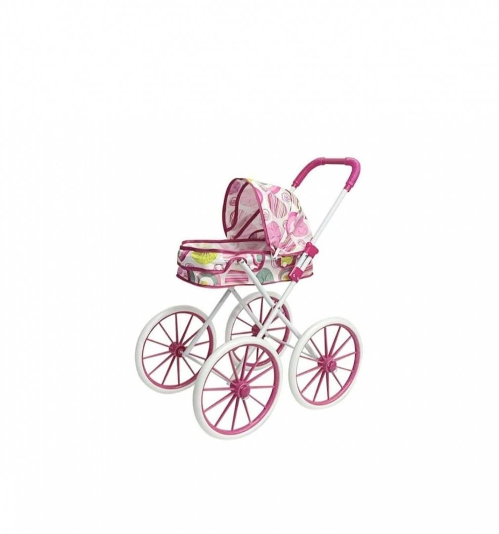 Carucior pentru papusi tip landou pliabil, cadru metalic, 4 roti mari, alb/roz, 63 cm
