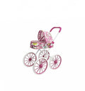 Carucior pentru papusi tip landou pliabil, cadru metalic, 4 roti mari, alb/roz, 63 cm