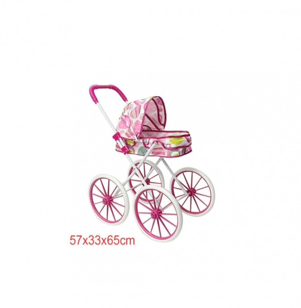 Carucior pentru papusi tip landou pliabil, cadru metalic, 4 roti mari, alb/roz, 63 cm