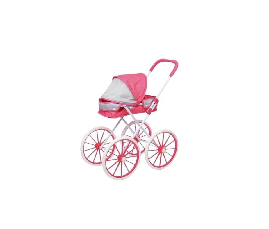Carucior pentru papusi tip landou pliabil, cadru metalic, 4 roti mari, ciklam, 63cm