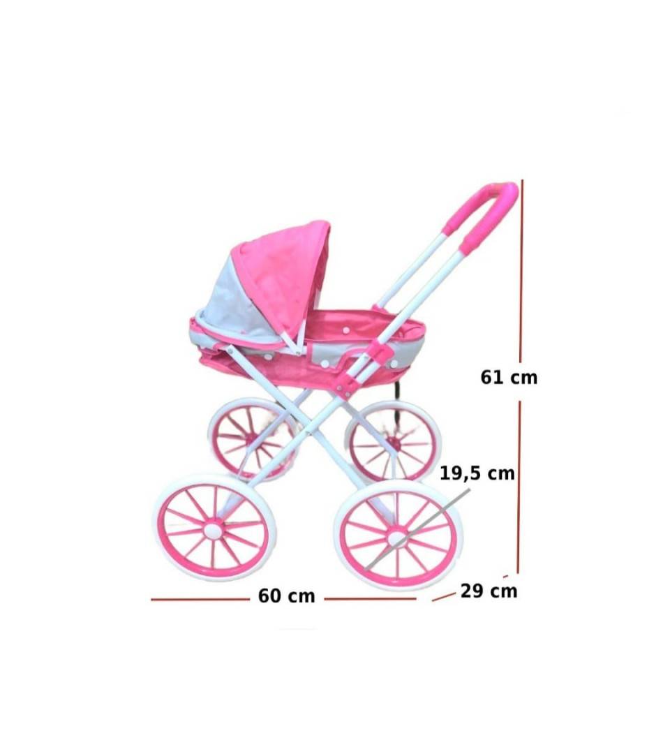 Carucior pentru papusi tip landou pliabil, cadru metalic, 4 roti mari, ciklam, 63cm