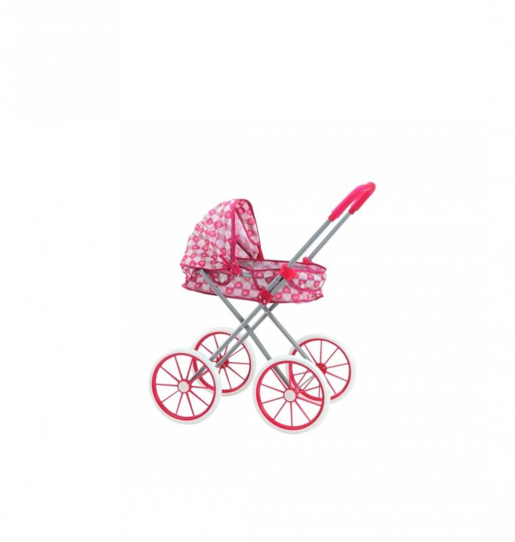 Carucior pentru papusi tip landou pliabil, cadru metalic, 4 roti mari, multicolor, 63 cm