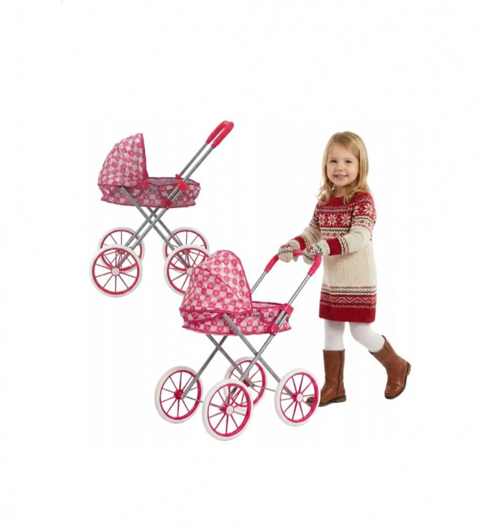Carucior pentru papusi tip landou pliabil, cadru metalic, 4 roti mari, multicolor, 63 cm