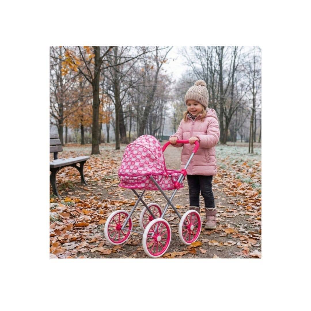 Carucior pentru papusi tip landou pliabil, cadru metalic, 4 roti mari, multicolor, 63 cm