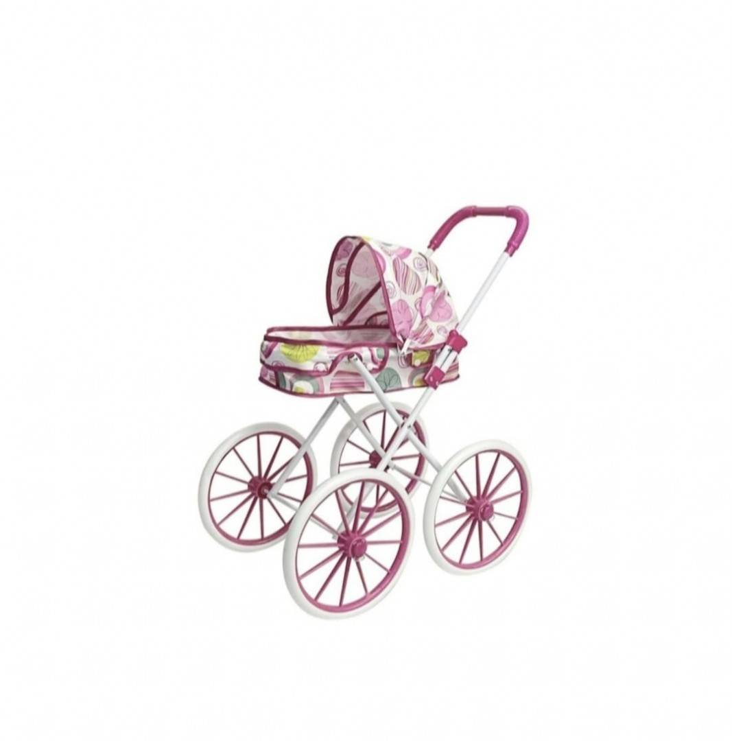 Carucior pentru papusi tip landou pliabil, cadru metalic, 4 roti mari, roz deschis, 63cm