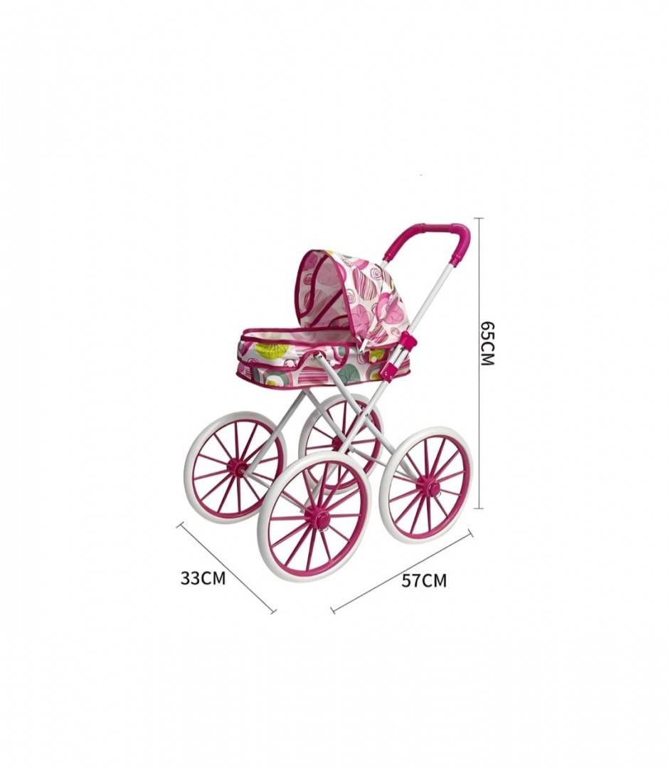 Carucior pentru papusi tip landou pliabil, cadru metalic, 4 roti mari, roz deschis, 63cm
