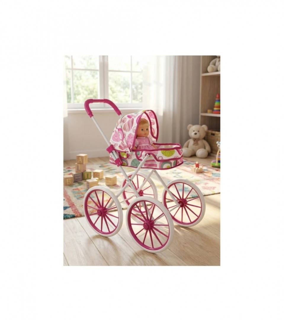Carucior pentru papusi tip landou pliabil, cadru metalic, 4 roti mari, roz deschis, 63cm