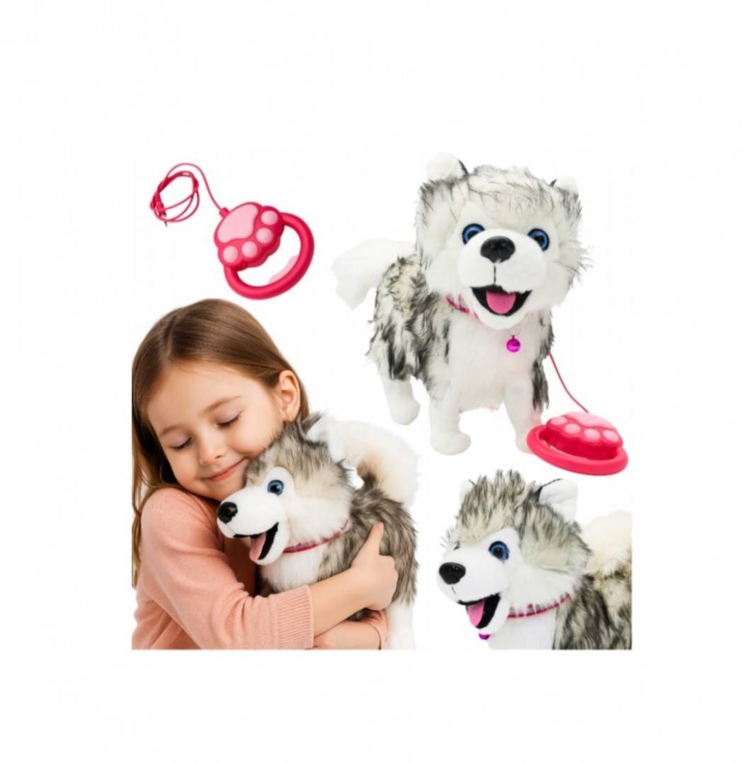 Catel interactiv, Husky cu Lesa, merge, latra, alb/negru, 26 cm