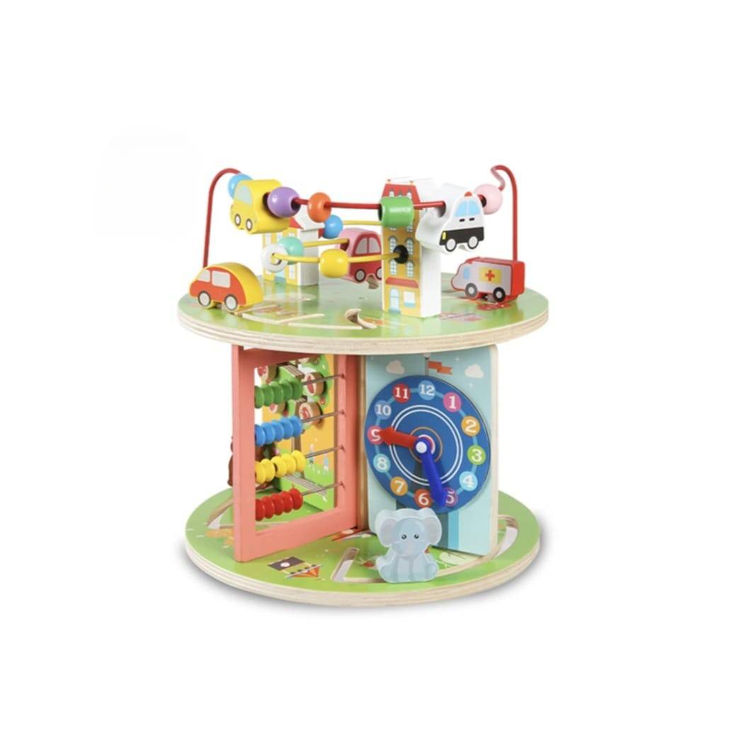 Centru activitati educative, Montessori, 7 in 1, roti zimtate, cuburi rotative, abac, ceas, labirint, 3D, bile si masinute, l