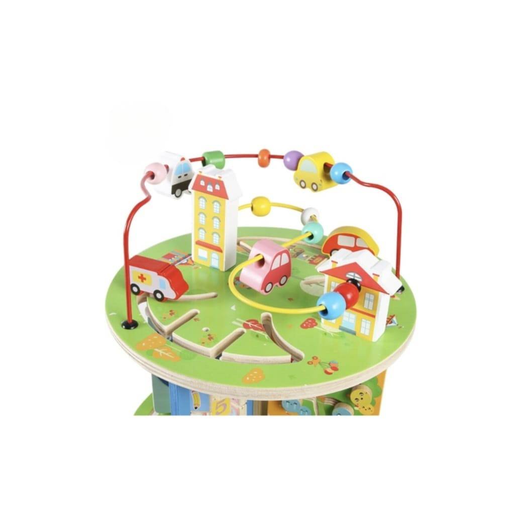 Centru activitati educative, Montessori, 7 in 1, roti zimtate, cuburi rotative, abac, ceas, labirint, 3D, bile si masinute, l
