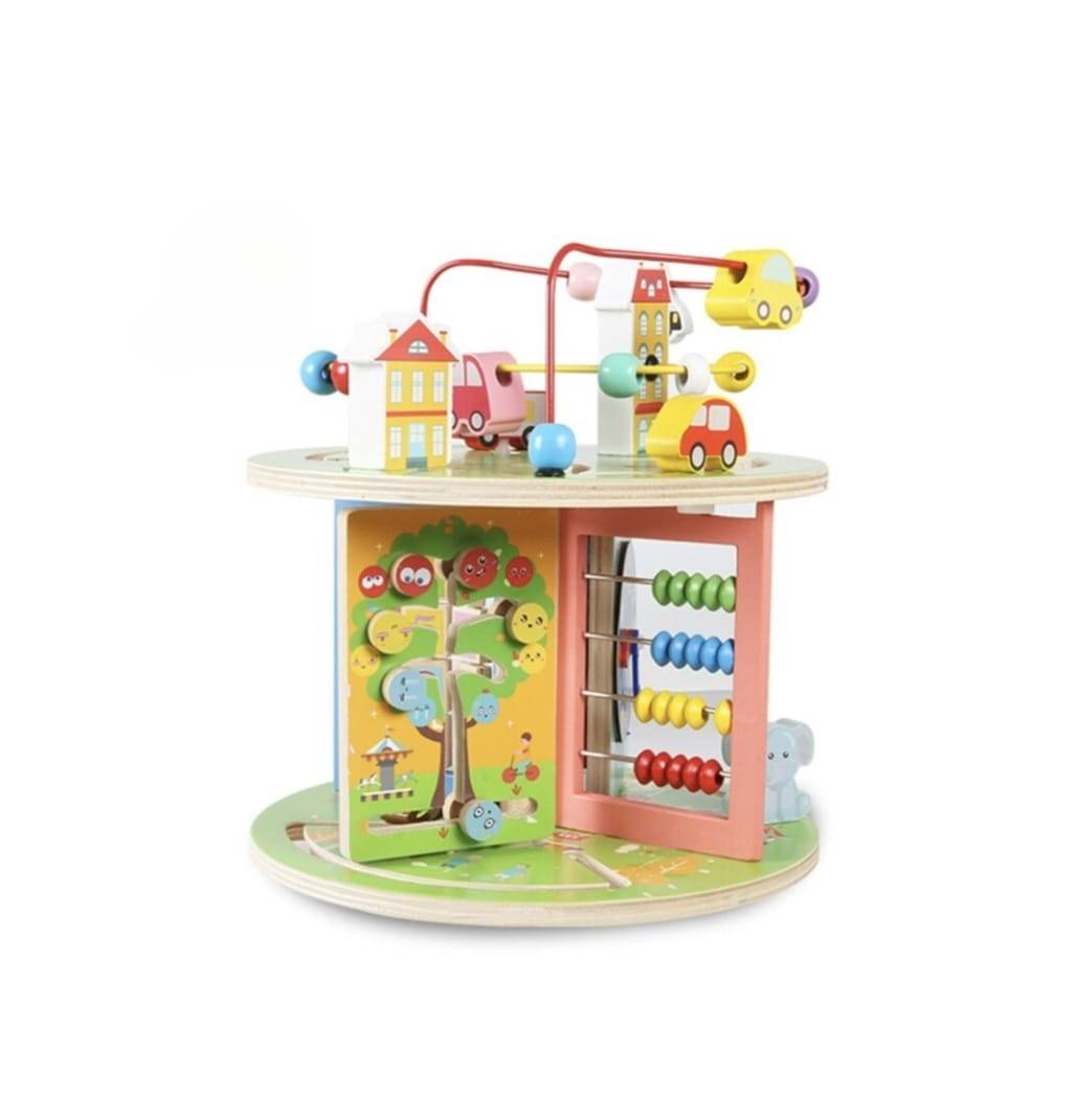 Centru activitati educative, Montessori, 7 in 1, roti zimtate, cuburi rotative, abac, ceas, labirint, 3D, bile si masinute, l