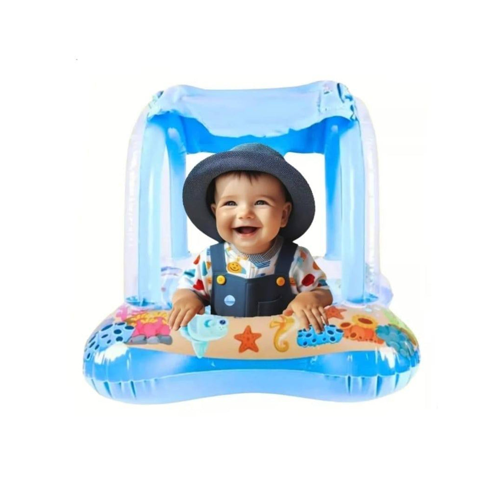 Colac gonflabil bebe, protectie solara, parasolar, albastru, 60 cm