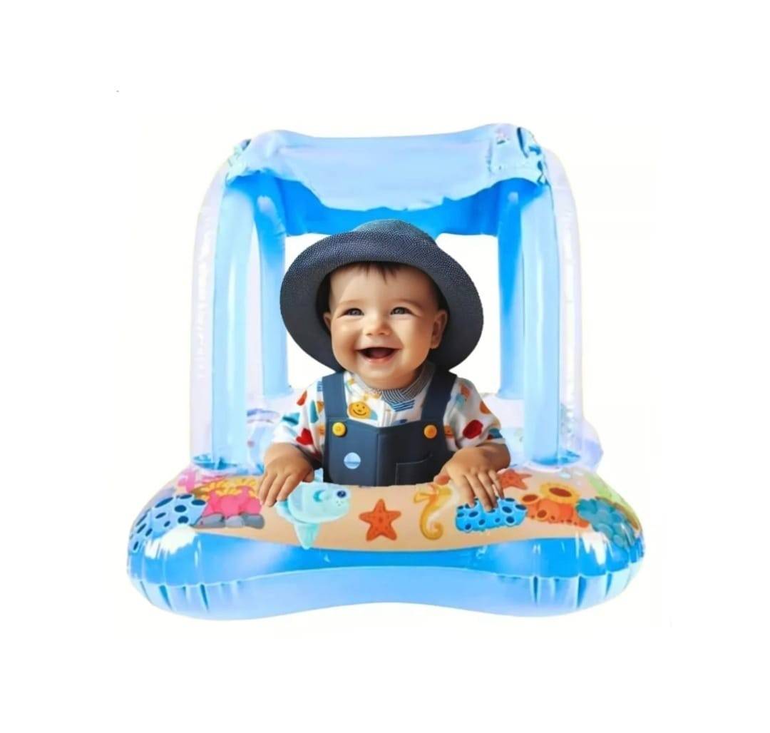 Colac gonflabil bebe, protectie solara, parasolar, albastru, 60 cm