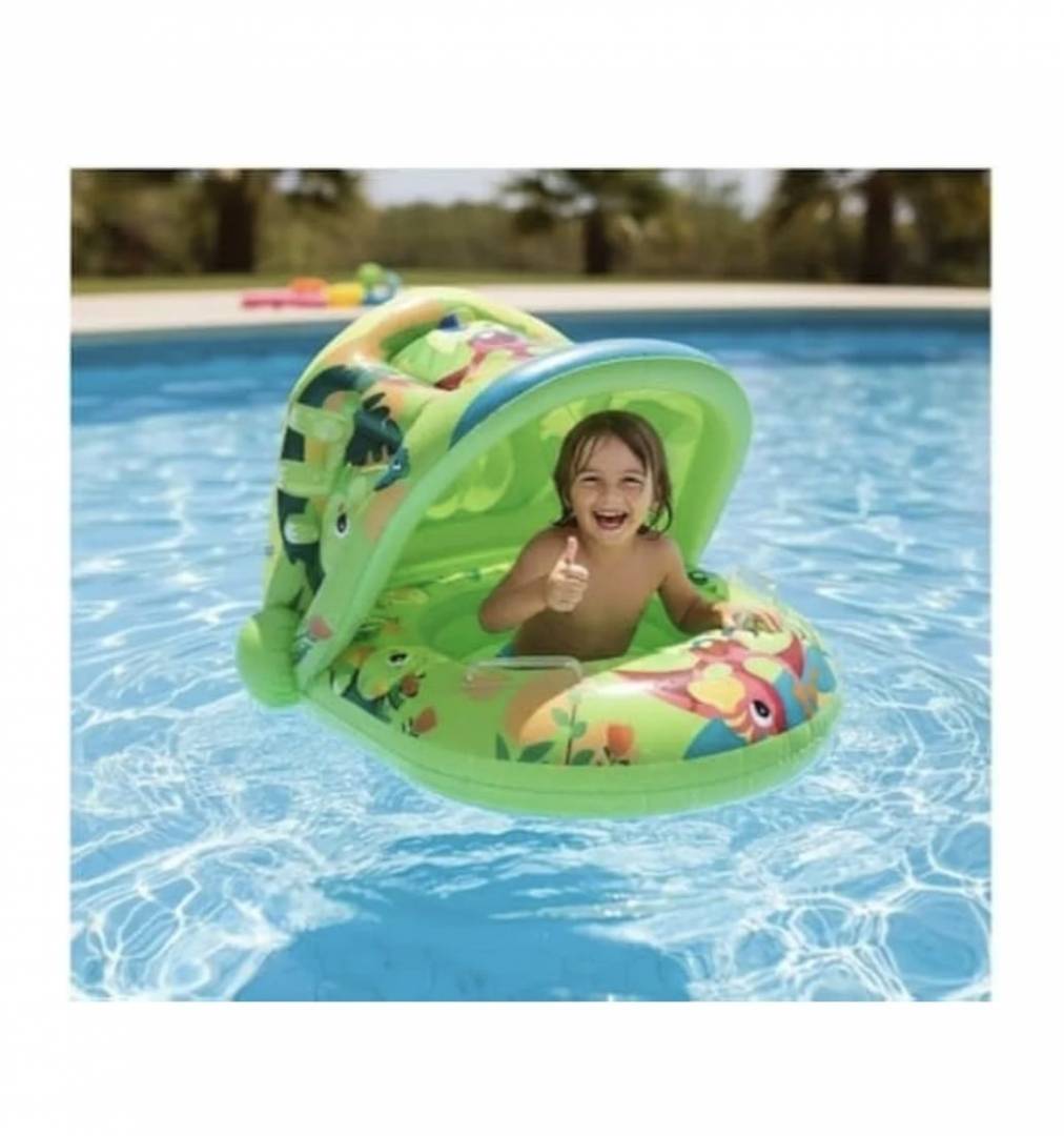 Colac gonflabil copii, model Dino, cu chilotel si parasolar, verde/multicolor, 70 cm, 1 an+
