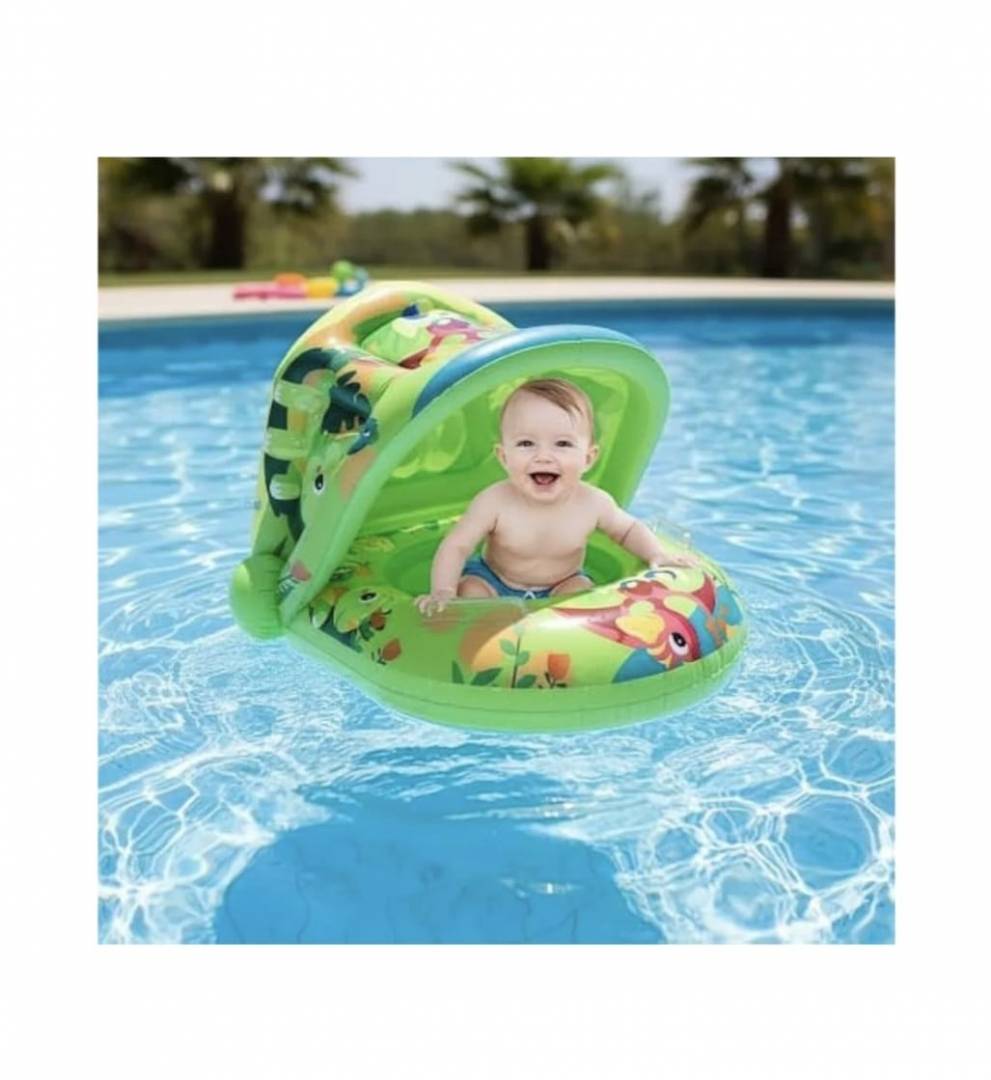 Colac gonflabil copii, model Dino, cu chilotel si parasolar, verde/multicolor, 70 cm, 1 an+
