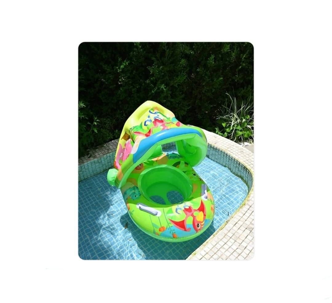 Colac gonflabil copii, model Dino, cu chilotel si parasolar, verde/multicolor, 70 cm, 1 an+