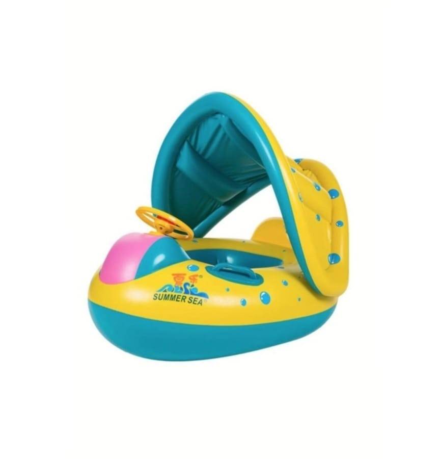 Colac gonflabil Summer Sea, volan, protectie solara, model Barcuta, multicolor, 8 luni - 2 ani
