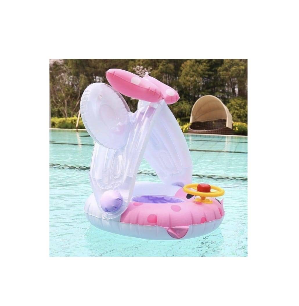 Colac multifunctional, model Minnie Mouse, cu parasolar si volan, tip barcuta, roz, 9 luni-3 ani