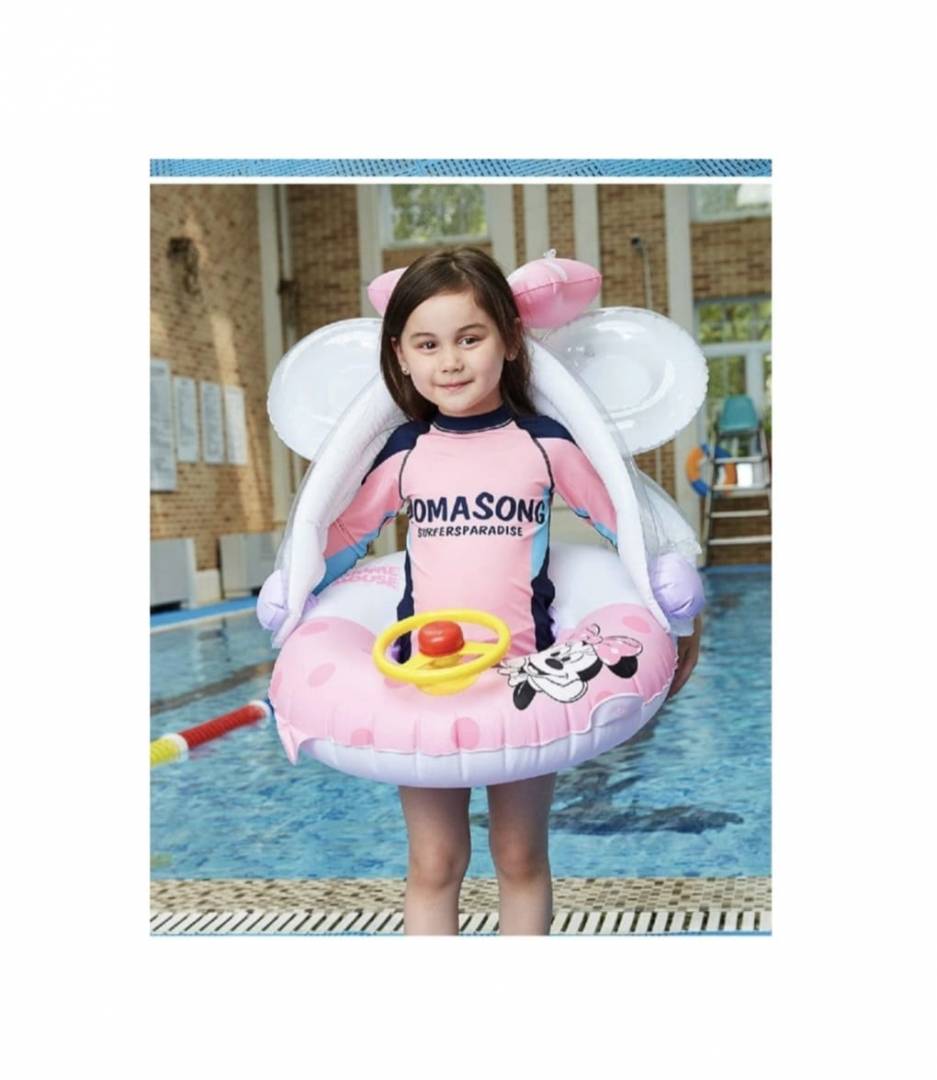 Colac multifunctional, model Minnie Mouse, cu parasolar si volan, tip barcuta, roz, 9 luni-3 ani