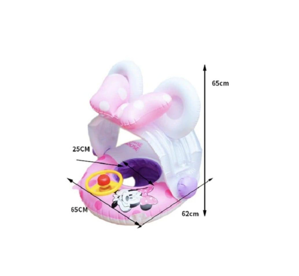 Colac multifunctional, model Minnie Mouse, cu parasolar si volan, tip barcuta, roz, 9 luni-3 ani