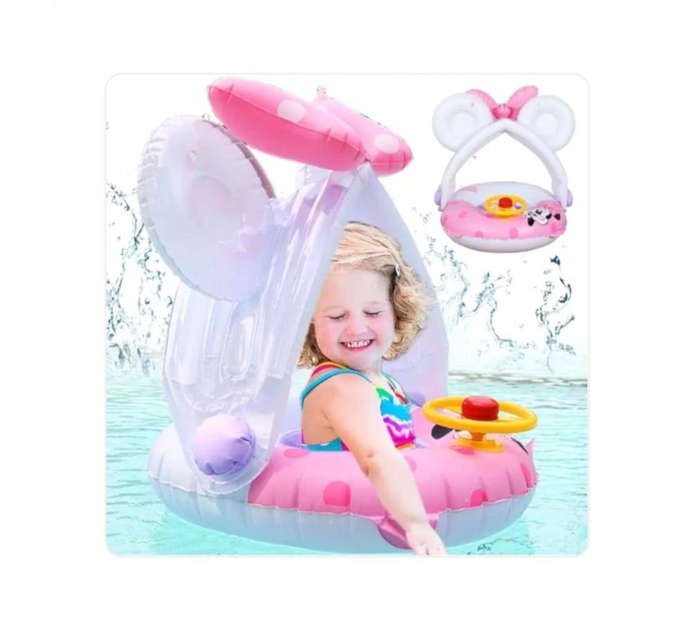 Colac multifunctional, model Minnie Mouse, cu parasolar si volan, tip barcuta, roz, 9 luni-3 ani