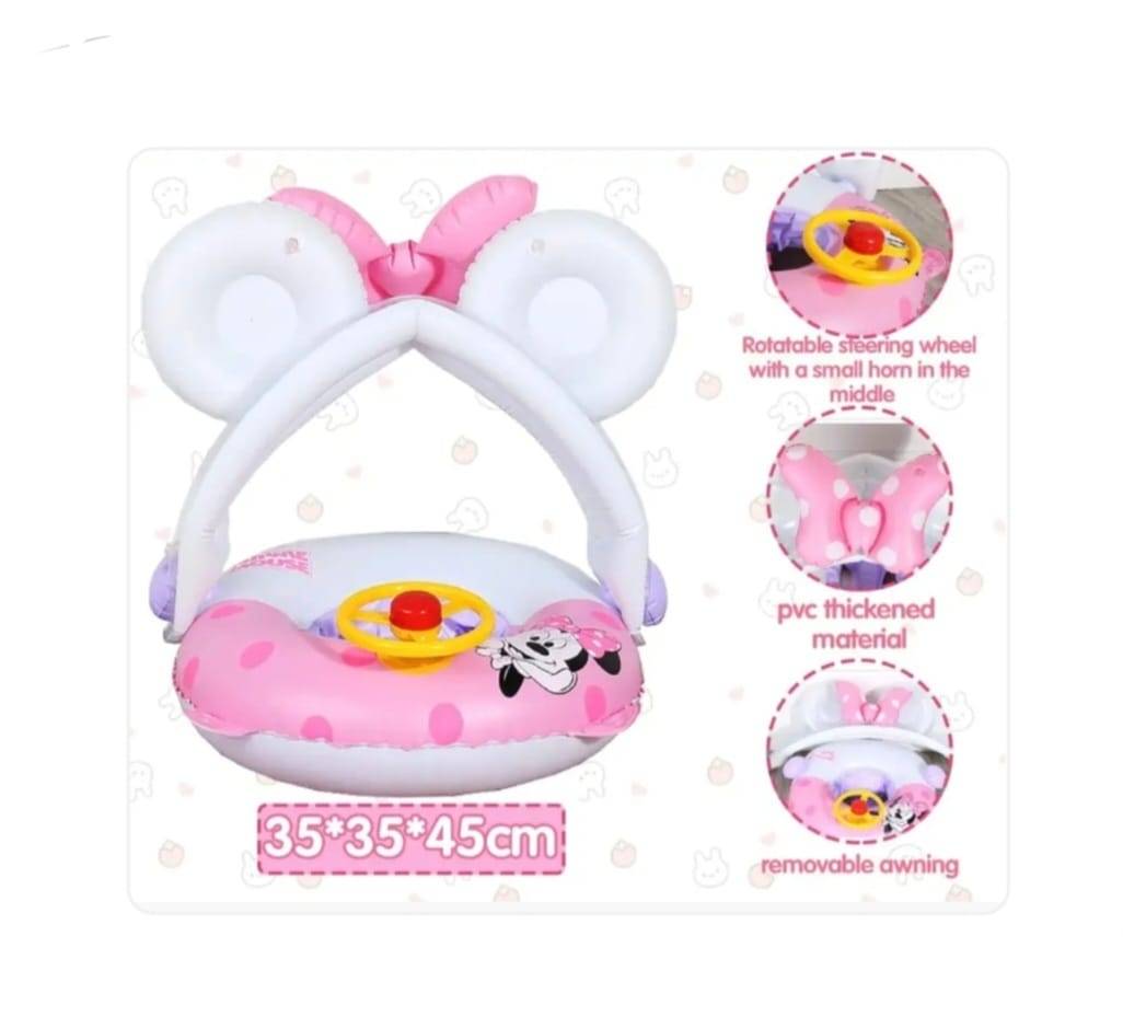 Colac multifunctional, model Minnie Mouse, cu parasolar si volan, tip barcuta, roz, 9 luni-3 ani