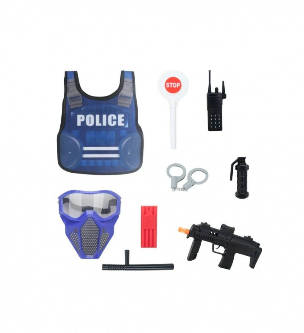 Costum de politist copii, 8 accesorii, textil/plastic, albastru/multicolor, 3 ani - 5 ani