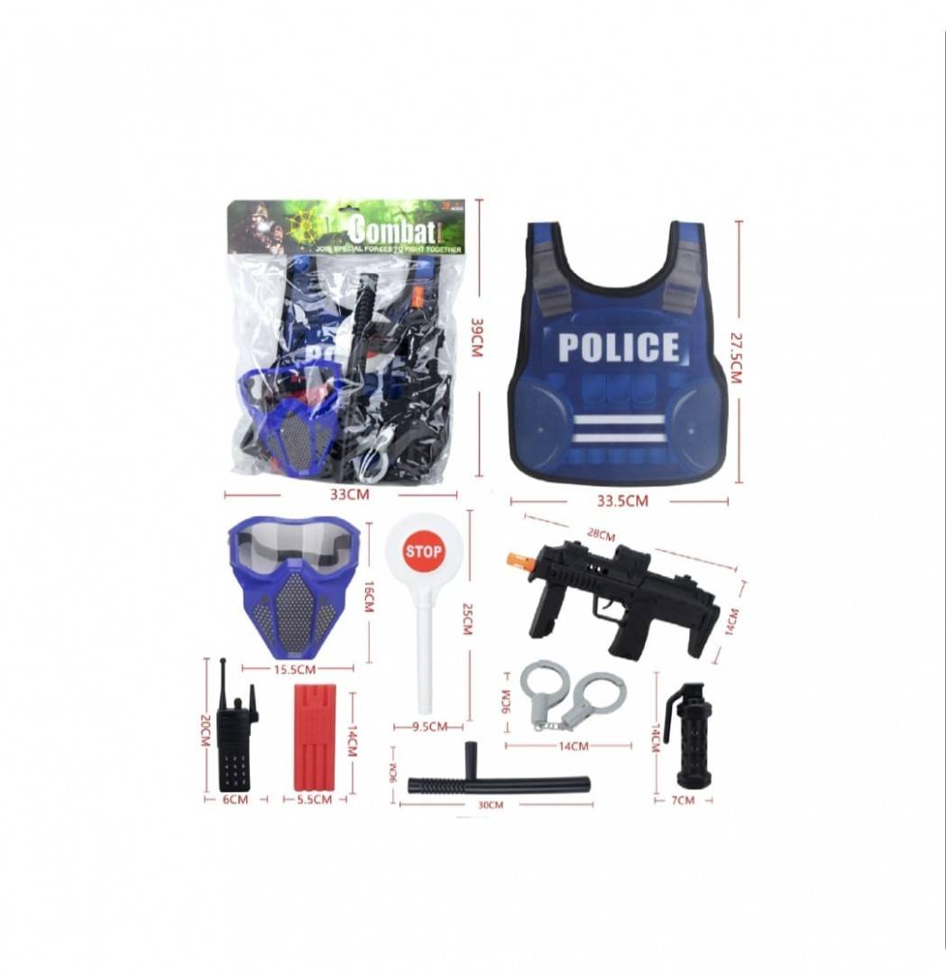 Costum de politist copii, 8 accesorii, textil/plastic, albastru/multicolor, 3 ani - 5 ani