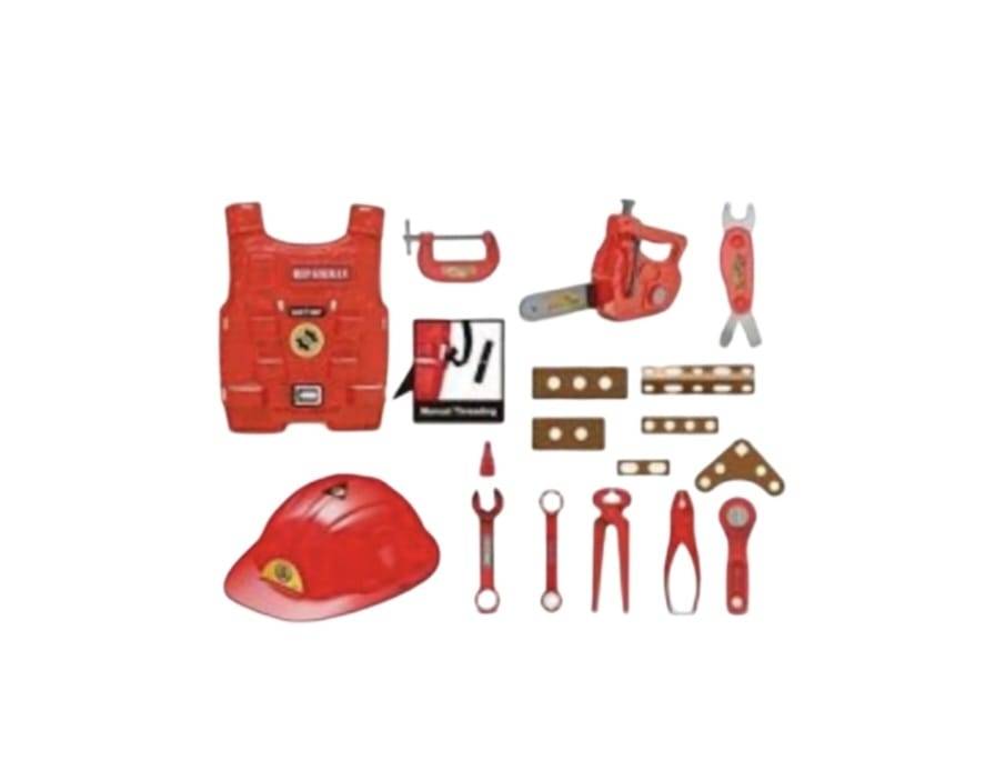 Costum de pompier copii, 7 accesorii, textil/plastic, rosu/multicolor, 3 ani - 5 ani