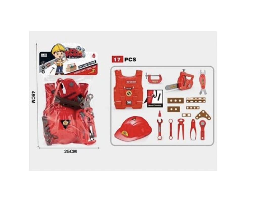 Costum de pompier copii, 7 accesorii, textil/plastic, rosu/multicolor, 3 ani - 5 ani