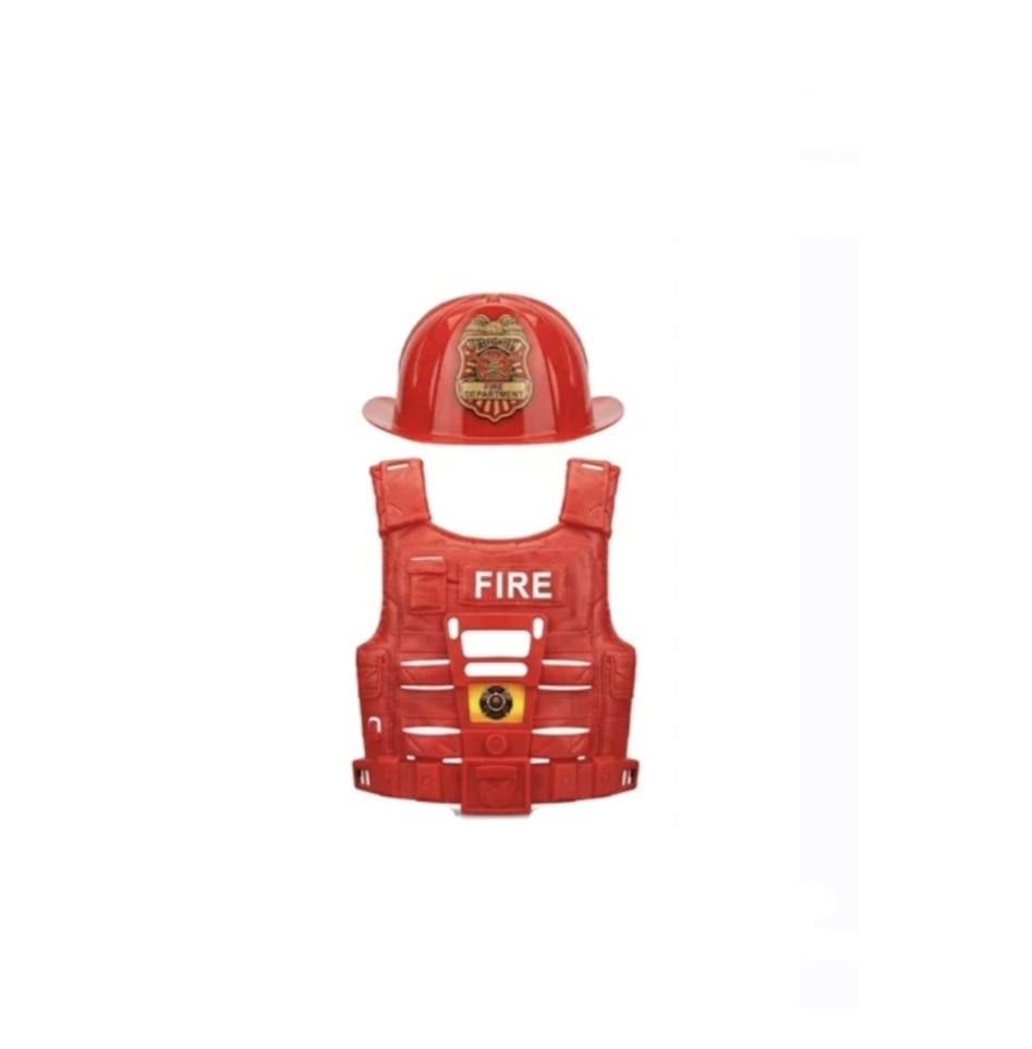 Costum de pompier copii, 7 accesorii, textil/plastic, rosu/multicolor, 3 ani - 5 ani