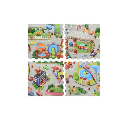 Covor joaca copii, Oraselul Puzzle, burete, Trafic, verde/multicolor, 120×120 cm | Masha Shop