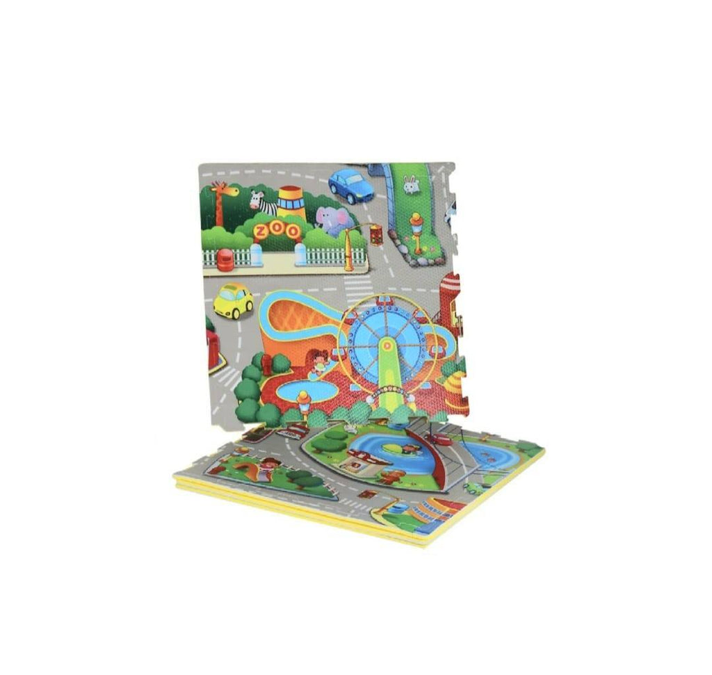 Covor joaca copii, Oraselul Puzzle, burete, Trafic, verde/multicolor, 120×120 cm