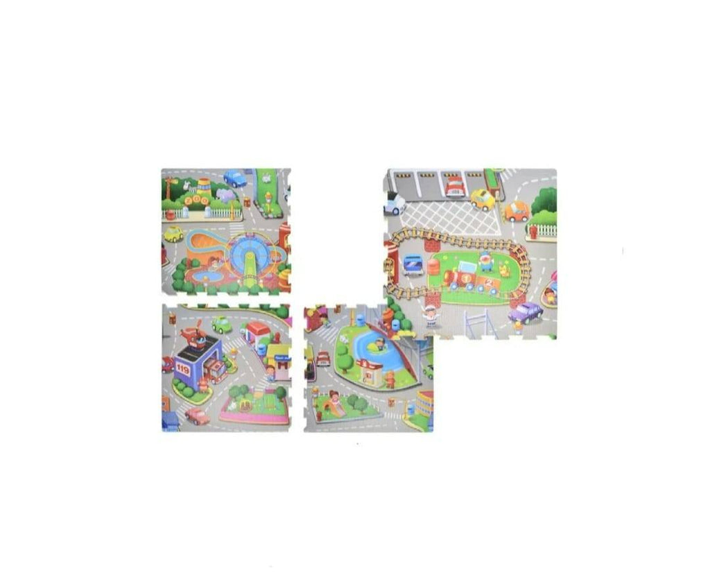 Covor joaca copii, Oraselul Puzzle, burete, Trafic, verde/multicolor, 120×120 cm