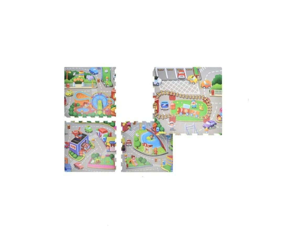 Covor joaca copii, Oraselul Puzzle, burete, Trafic, verde/multicolor, 120×120 cm