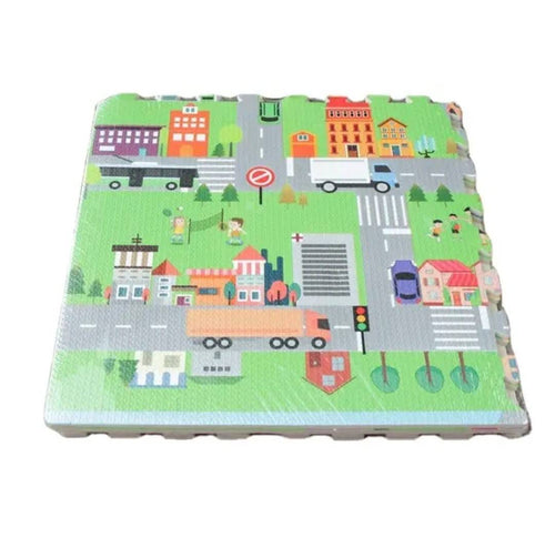 Covoras puzzle de joaca, Oraselul Vesel, multicolor, 60 cm x 60 cm – imagine 2 | Masha Shop