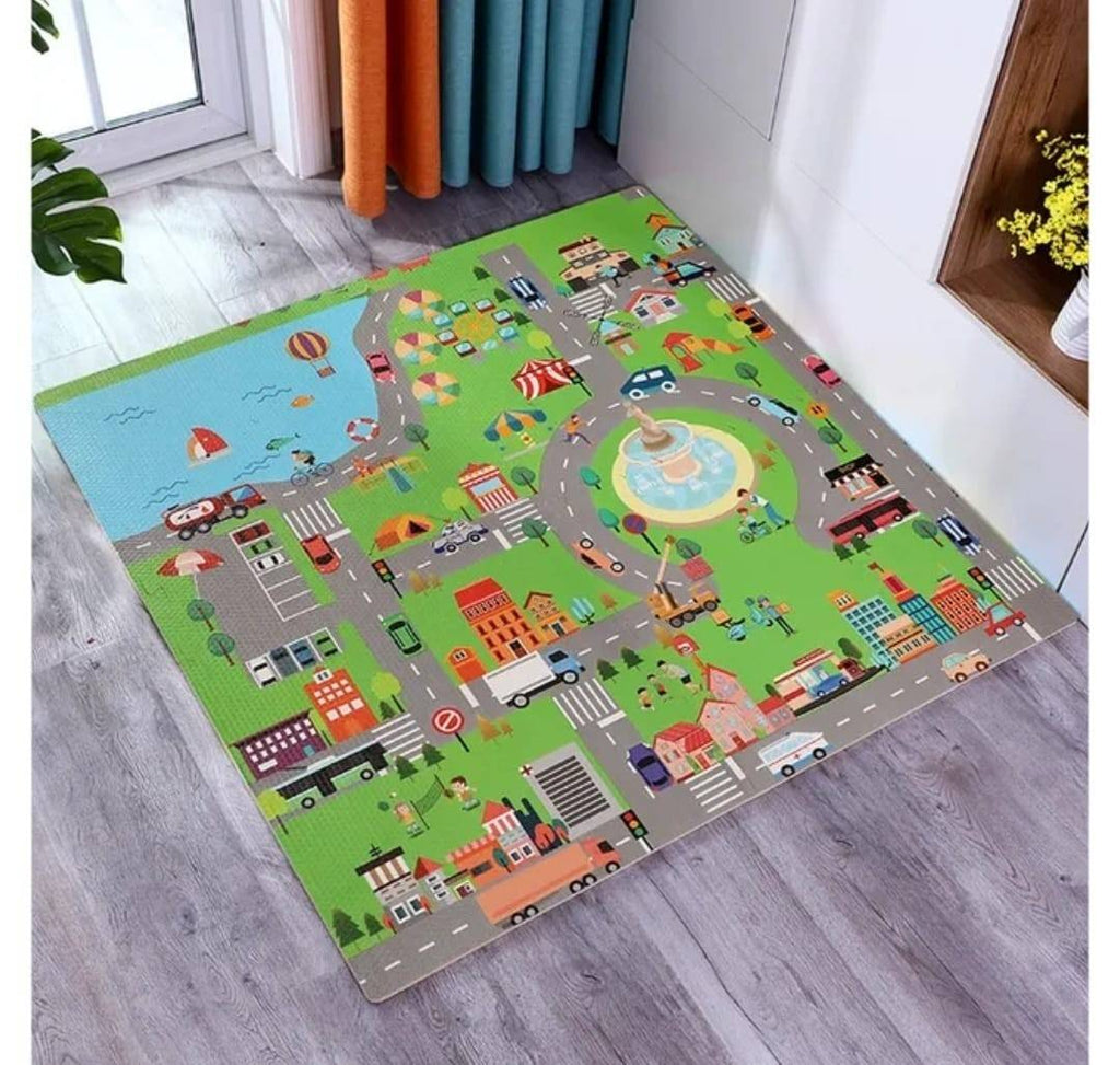 Covoras puzzle de joaca, Oraselul Vesel, multicolor, 60 cm x 60 cm