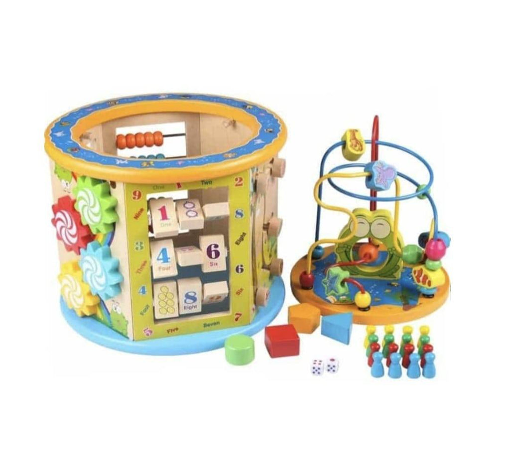Cub Educativ din Lemn 8 in 1, 6 pereti cu functii si activitati, intercalar colorat, Ceas, Puzzle, Labirinturi, abacus, sah, 