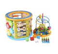 Cub Educativ din Lemn 8 in 1, 6 pereti cu functii si activitati, intercalar colorat, Ceas, Puzzle, Labirinturi, abacus, sah, 