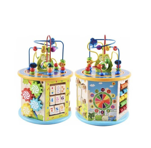 Cub Educativ din Lemn 8 in 1, 6 pereti cu functii si activitati, intercalar colorat, Ceas, Puzzle, Labirinturi, abacus, sah