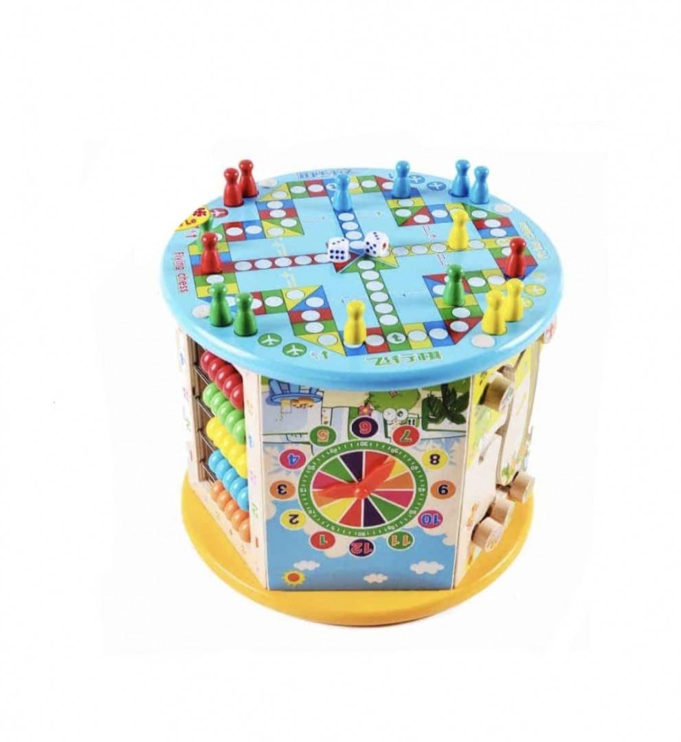 Cub Educativ din Lemn 8 in 1, 6 pereti cu functii si activitati, intercalar colorat, Ceas, Puzzle, Labirinturi, abacus, sah, 