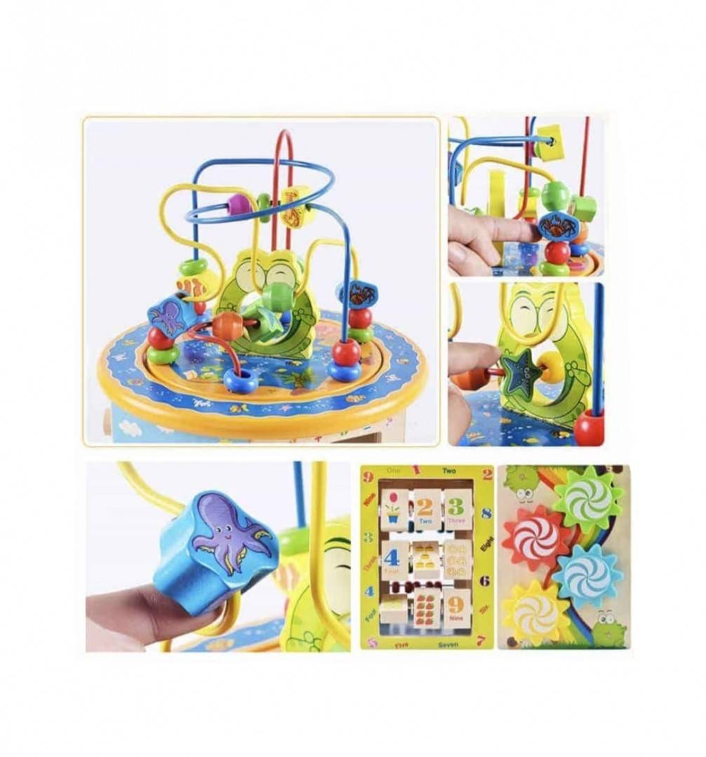 Cub Educativ din Lemn 8 in 1, 6 pereti cu functii si activitati, intercalar colorat, Ceas, Puzzle, Labirinturi, abacus, sah, 