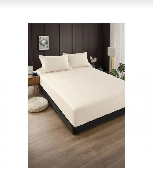 Cuvertură de pat cu elastic, 2 fețe de perna, damasc din bumbac, bej deschis, 180x200 cm – imagine 2 | Masha Shop